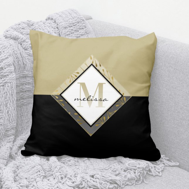 Elegant Ombre Monogram + Name Black + Tan + Gold Kissen (Elegant Ombre Monogram Throw Pillow with Any Name )
