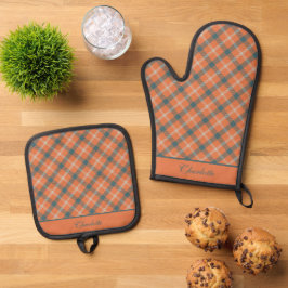 Elegant Orange & Aquamarin Royal Stewart Tartan Cu Ofenhandschuh & Topflappen-Set