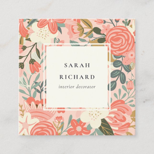 Elegant Orange Blush Pink Green Ambrosia Floral Quadratische Visitenkarte (Vorderseite)