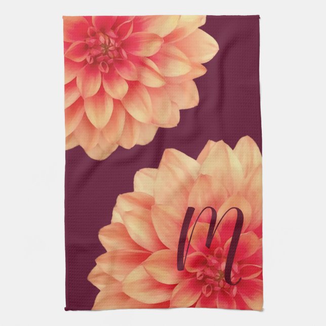 Elegant Orange Dahlias Blume Burgundy Monogram   Geschirrtuch (Vertikal)