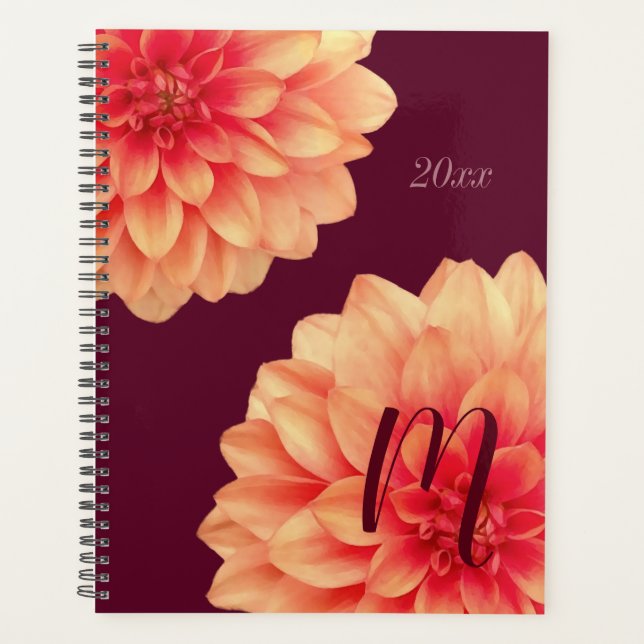 Elegant Orange Dahlias Blume Burgundy Monogram Planer (Vorderseite)