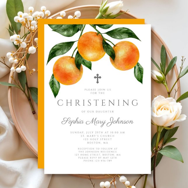 Elegant Orange Girl Christening Einladung (Elegant Oranges Girl Christening Invitation)