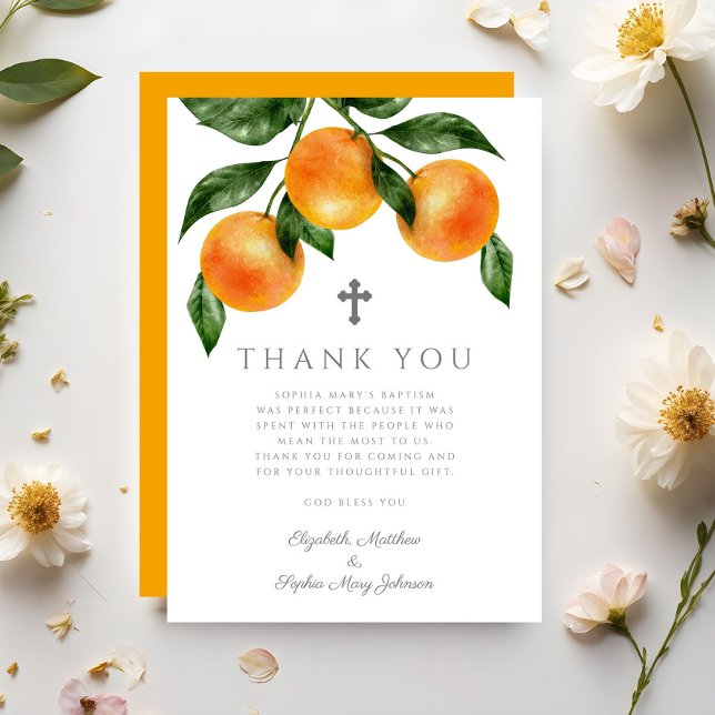Elegant Orange Girl Taufe Dankeskarte (Elegant Oranges Girl Baptism Thank You Card)