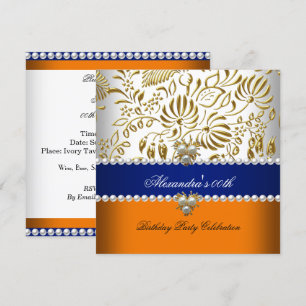 Elegant Orange Marineblau Gold Damast Perle Party Einladung