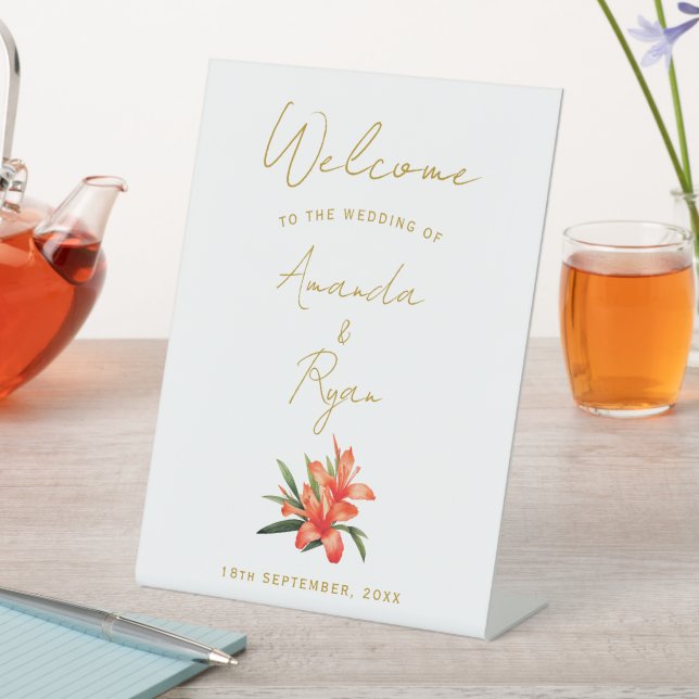 Elegant Orange Oleander Blume Wedding Welcome Sockelschild (In Situ)