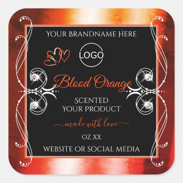 Elegant Orange Red Product Label Logo Juwelen Blac Quadratischer Aufkleber (Vorderseite)