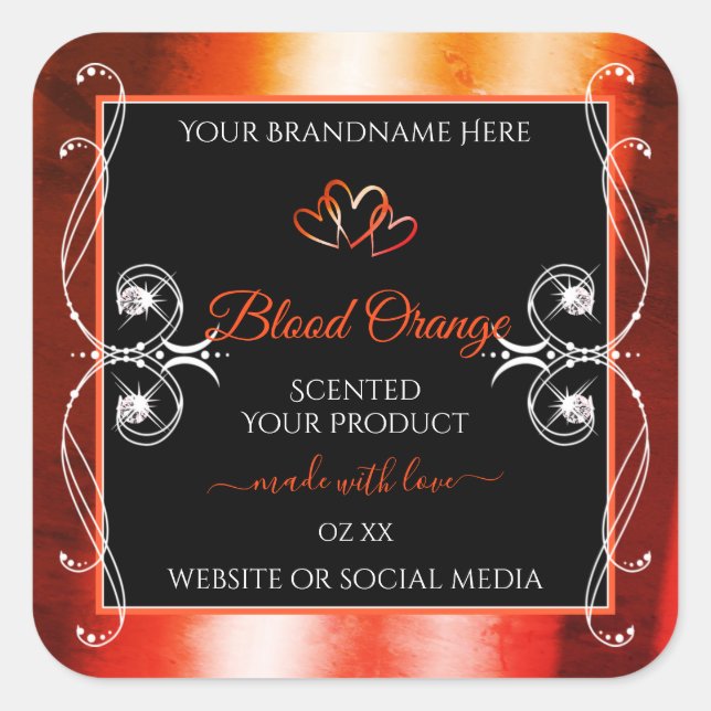 Elegant Orange Red Product Labels Jewels Black Quadratischer Aufkleber (Vorderseite)