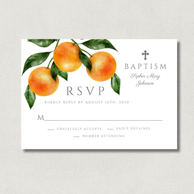 Elegant Orange Religious Girl Baptisse RSVP Karte (Elegant Oranges Religious Girl Baptism RSVP Card)