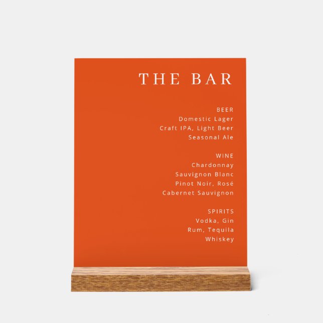 Elegant Orange Serif Bar Menu Acrylschild (Vorderseite)