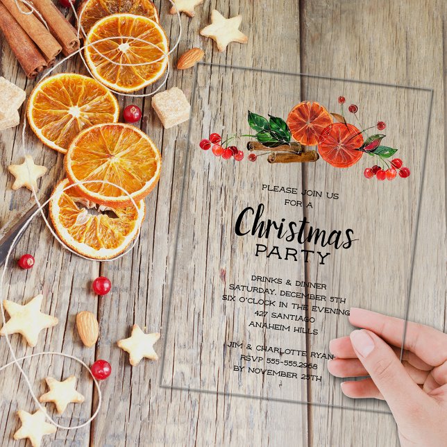 Elegant Orange Slices and Cinnamon Christmas Acryleinladungen (Elegant orange slices, berries and cinnamon sticks ACRYLIC Christmas party invitations)