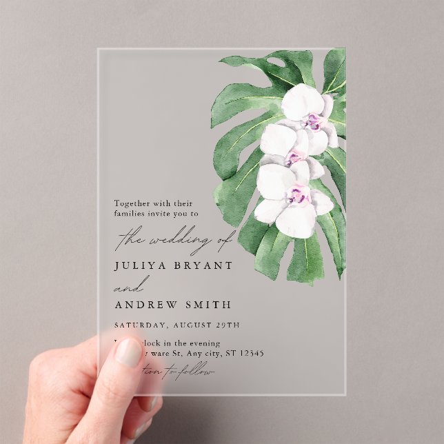 Elegant  Orchid on Tropical leaf script wedding Acryleinladungen (Insitu (Handheld))