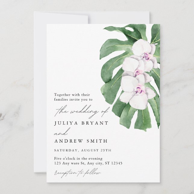 Elegant Orchid on Tropical leaf script wedding Einladung (Vorderseite)
