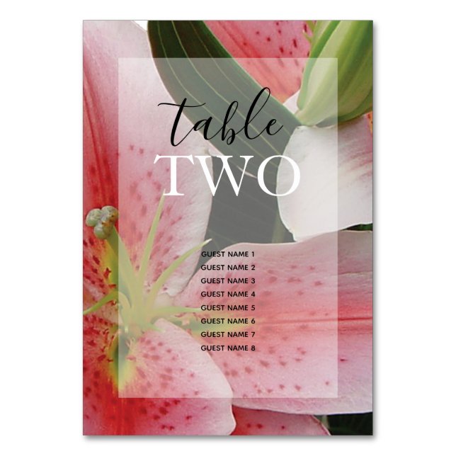 Elegant Oriental Lilies Wedding Guest Names Tischnummer (Vorderseite)