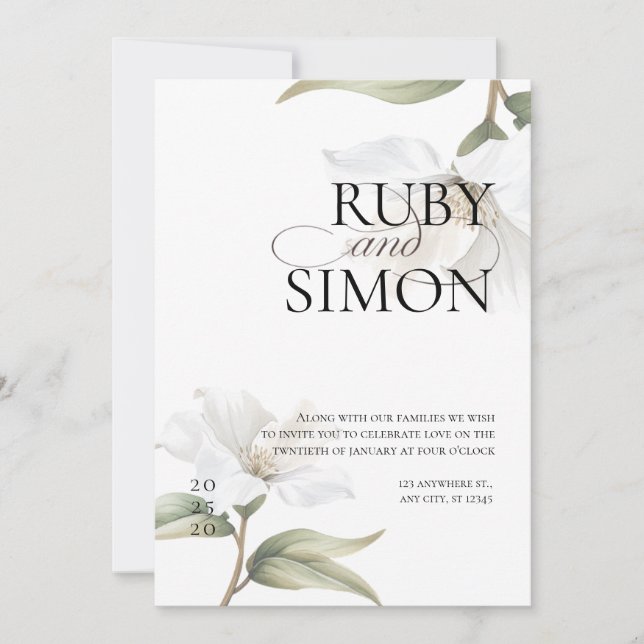 Elegant Oriental White Magnolia Wedding Einladung (Vorderseite)