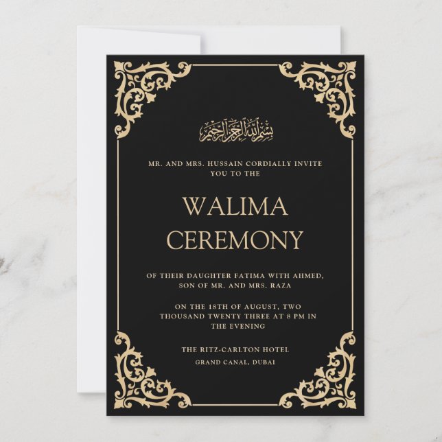 Elegant Ornate Black Gold Frame Walima Ceremony Einladung (Vorderseite)