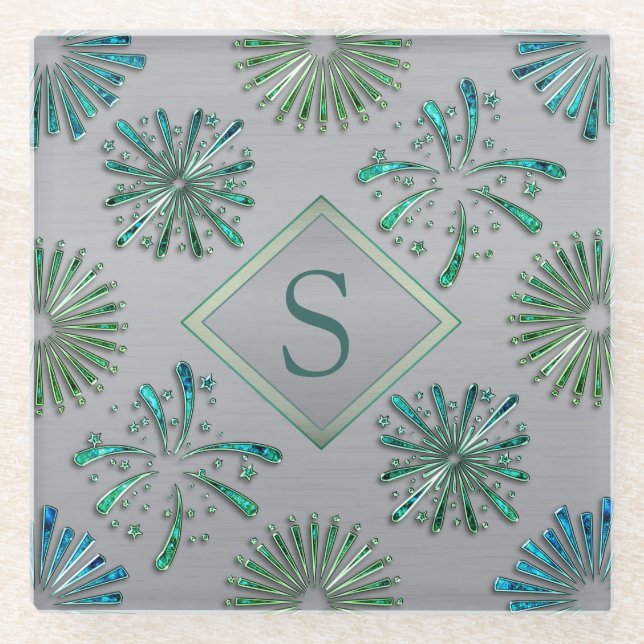 Elegant Ornate Blue Green Pattern Monogram Glasuntersetzer (Vorderseite)
