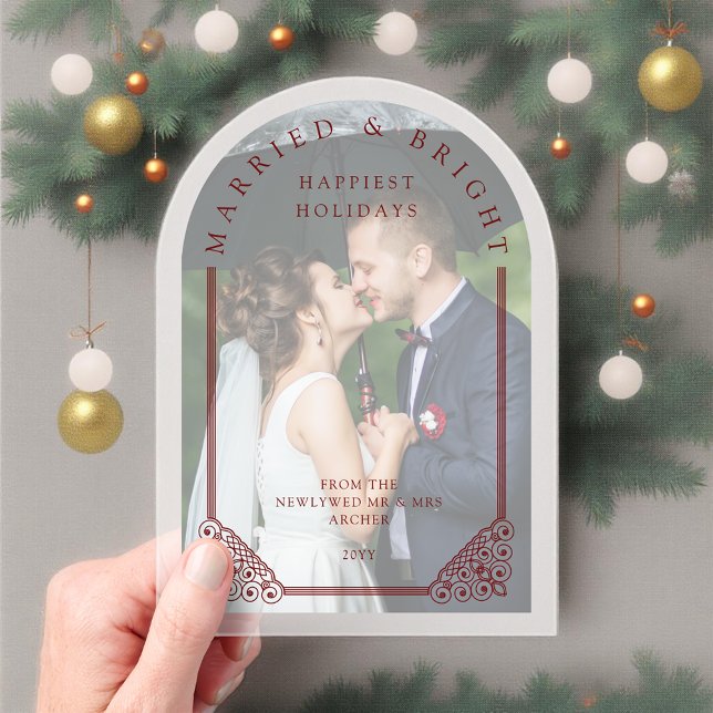 Elegant Ornate Faux Dome Photo First Christmas Acryleinladungen (Elegant Ornate Faux Dome Photo First Christmas Married Acrylic Card for Newlyweds)