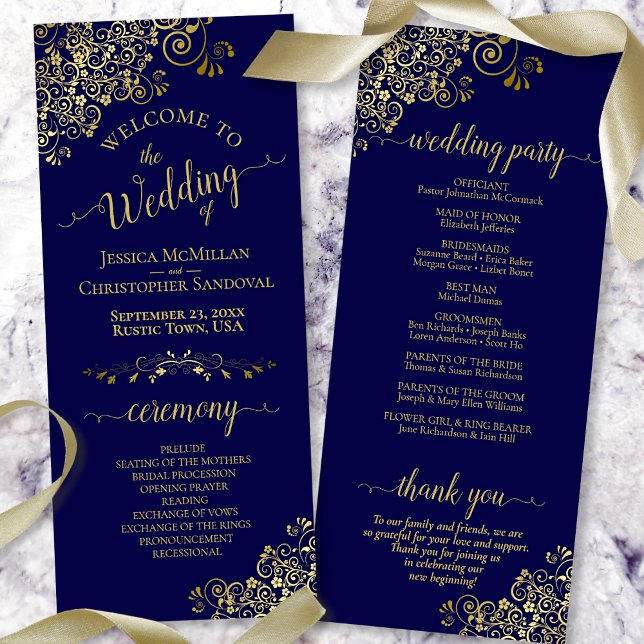 Elegant Ornate Gold Lace on Navy Blue Wedding Programm (Von Creator hochgeladen)