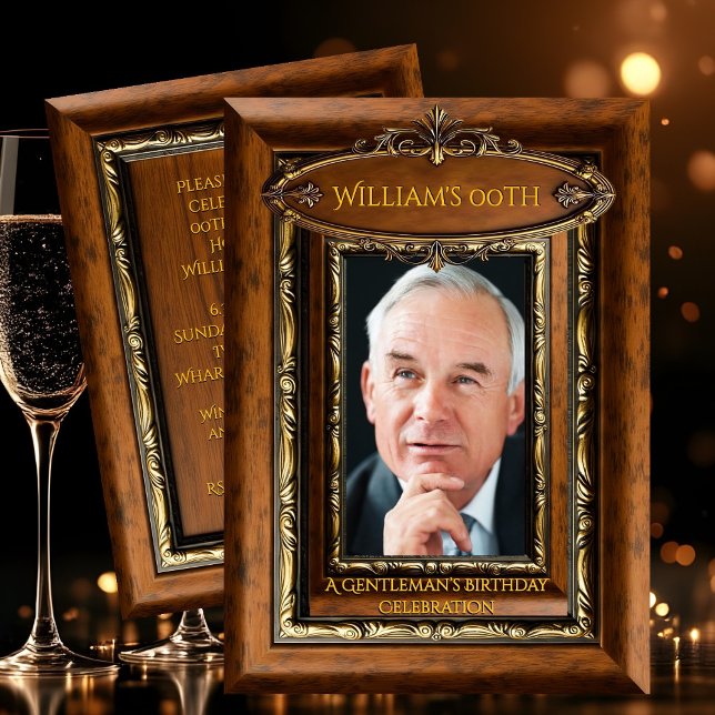 Elegant Ornate Rustic Gold Wood Photo Birthday men Einladung (Von Creator hochgeladen)