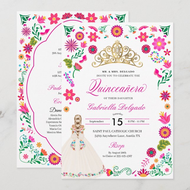 Elegant Otomi Stickerei Quinceañera Einladung (Vorne/Hinten)