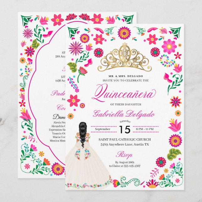 Elegant Otomi Stickerei Quinceañera Einladung (Vorne/Hinten)