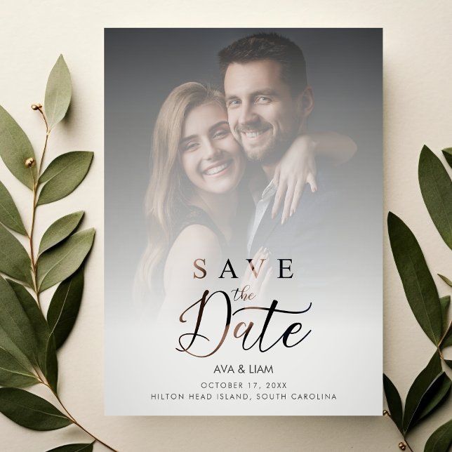 Elegant Overlay Gradient Grey Shades Photo Wedding Save The Date (Wedding Card:  Elegant Overlay Gradient in Grey Shades with Photo.)