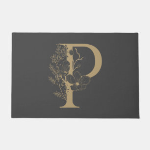 Elegant P Boho Floral Monogram Initial Gray Gold Fußmatte