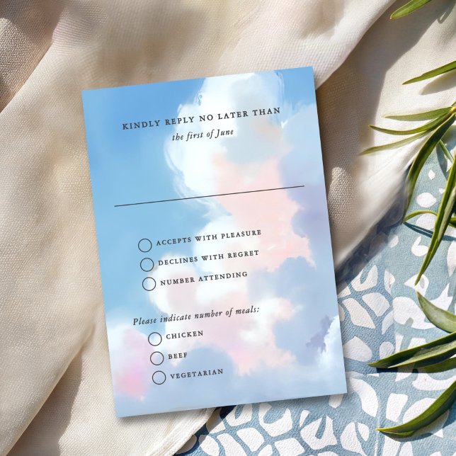 Elegant Painted Blue Sky Puffy Pink Clouds Wedding RSVP Karte (Von Creator hochgeladen)