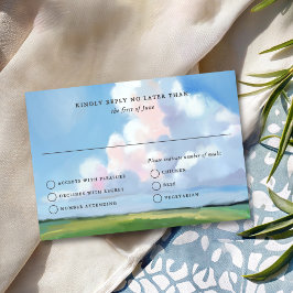 Elegant Painted Blue Sky Puffy Pink Clouds Wedding RSVP Karte