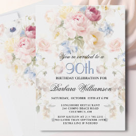 Elegant Painted Blush Rose Floral 90th Birthday  Einladung