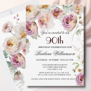 Elegant Painted Floral 90. Geburtstagsparty Einladung
