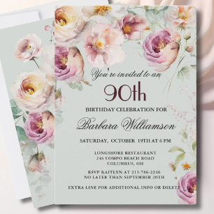 Elegant Painted Floral 90. Geburtstagsparty Einladung