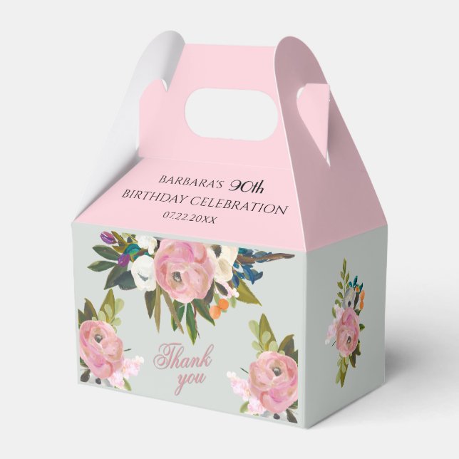 Elegant Painted Pink Floral 90th birthday favors  Geschenkschachtel (Rückseite)