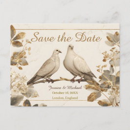 Elegant Pair of Doves on a Branch with Gold Leaf Ankündigungspostkarte