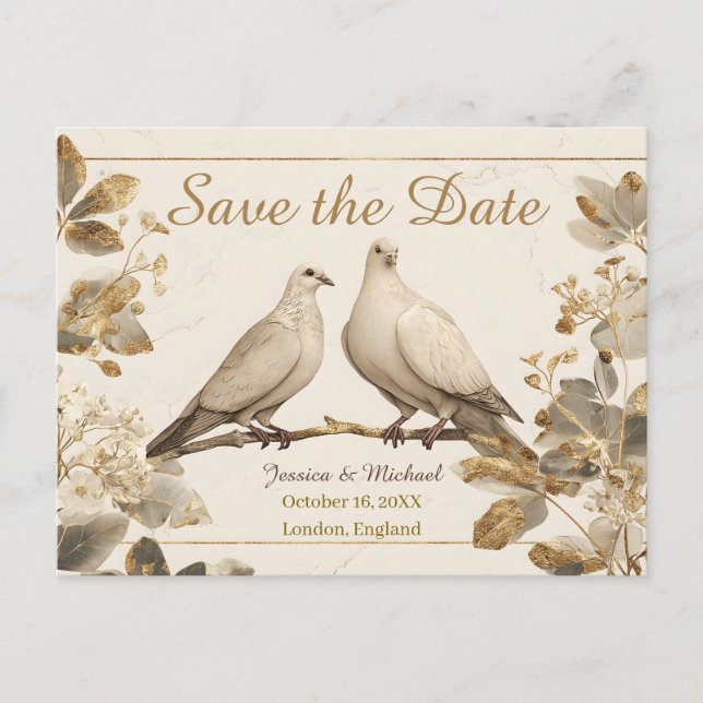 Elegant Pair of Doves on a Branch with Gold Leaf Ankündigungspostkarte (Vorderseite)