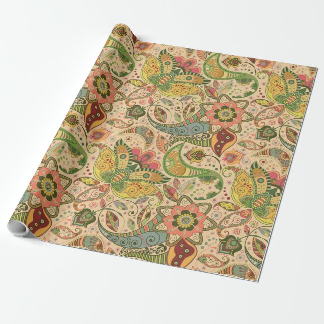 Elegant Paisley Blume Wrapping Paper Geschenkpapier (Ungerollt)