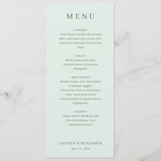 Elegant Pale Green Menu Template Menükarte (Vorderseite)