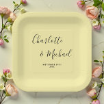 Elegant Pale Yellow Script Minimalist Wedding Pappteller<br><div class="desc">Make your wedding day even more memorable with these beautiful Elegant Pale Yellow Script Minimalist Wedding Paper Plates. Each plate can be customized with the names of the bride and groom and date,  making them a unique and special addition to your celebration.</div>