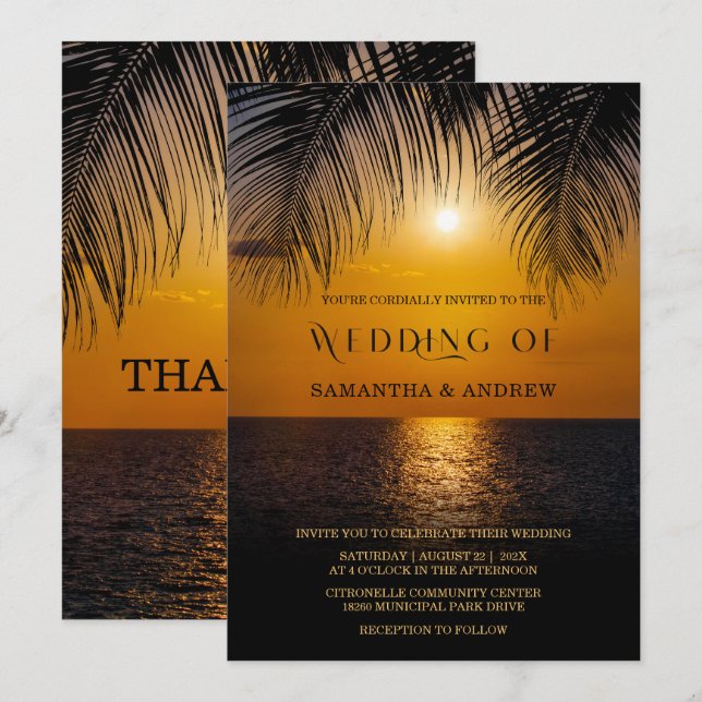 Elegant Palm Leaf Hochzeitsvorlage Einladung (Vorne/Hinten)