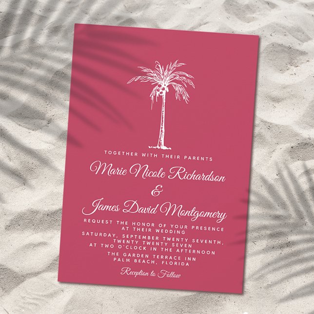 Elegant Palm Magenta Formal Beach Wedding Einladung (Von Creator hochgeladen)