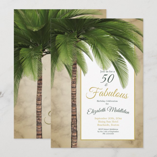 Elegant Palm Tree 50 und fabelhaft Moderner Geburt Einladung (Vorne/Hinten)