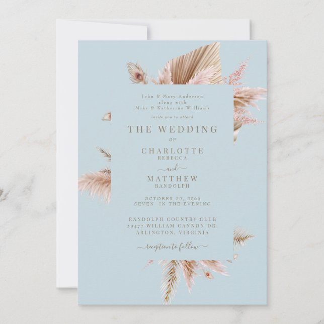 Elegant Pampas Mint Wedding Einladung (Vorderseite)