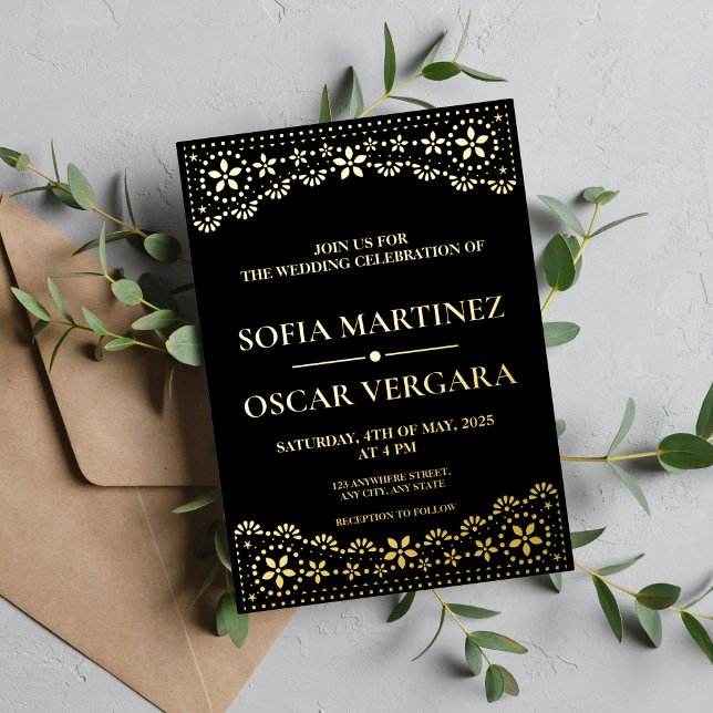 Elegant Papel Picado Black and Gold Folieneinladung (Von Creator hochgeladen)