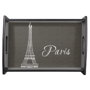 Elegant Paris Eiffel Tower Dark Gray Burlap Look Serviertablett