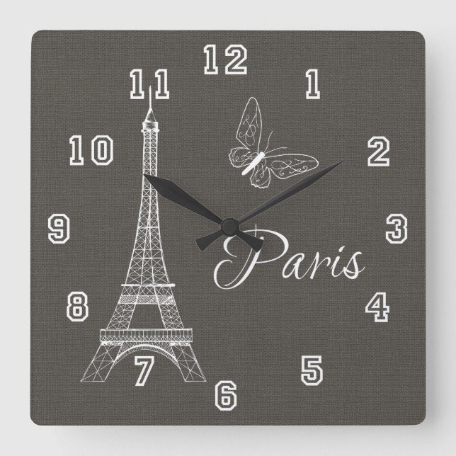 Elegant Paris Eiffel Tower Dark Gray Butterfly Quadratische Wanduhr (Vorderseite)