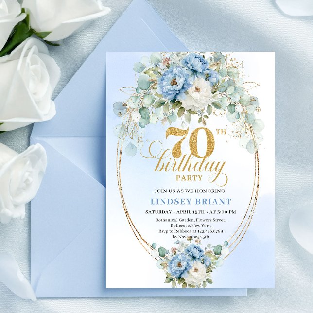 Elegant Pastel Blue Flowers 70th Birthday Invites Einladung (Elegant Pastel Blue Flowers 70th Birthday Invitation)