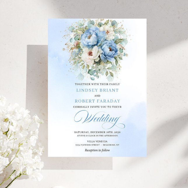 Elegant Pastel Blue White Peony Gold Wedding Invit Einladung (Elegant Pastel Blue White Peony Gold Wedding Invitation)