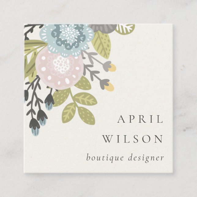 Elegant Pastel Boho Blush Blue Green Leafy Floral Quadratische Visitenkarte (Vorderseite)
