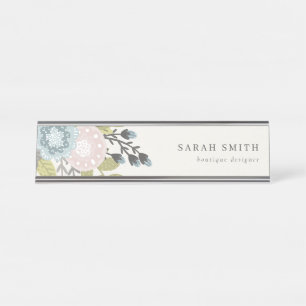Elegant Pastel Boho Blush Blue Green Leafy Floral Schreibtischnamensplakette