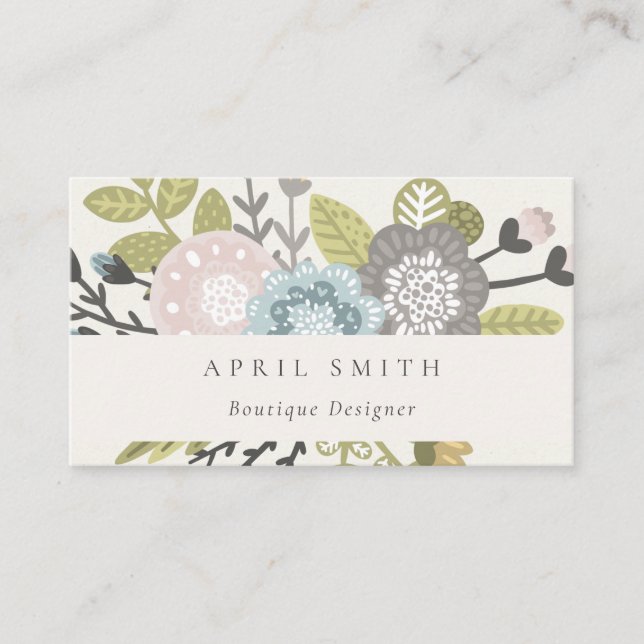 Elegant Pastel Boho Blush Blue Green Leafy Floral Visitenkarte (Vorderseite)